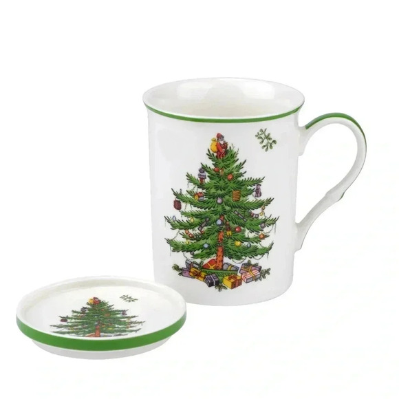 SPODE Christmas Tree 14 oz Mug & 4" Coaster Set Microwave/Freezer Safe NIB - Picture 4 of 6